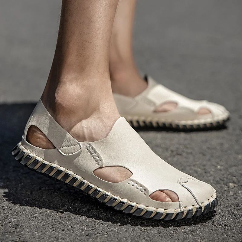 Men Leather Sandals Summer Handmade Nonslip Casual Shoes Man Outdoor Flat Quick Dry Slip on Man Sandals
