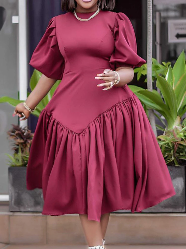 

Women Loose Dress Half Lantern Sleeves Pleated O Neck Solid Casual Fashion African Large Size Ladies Gowns Autumn Robes New 2022