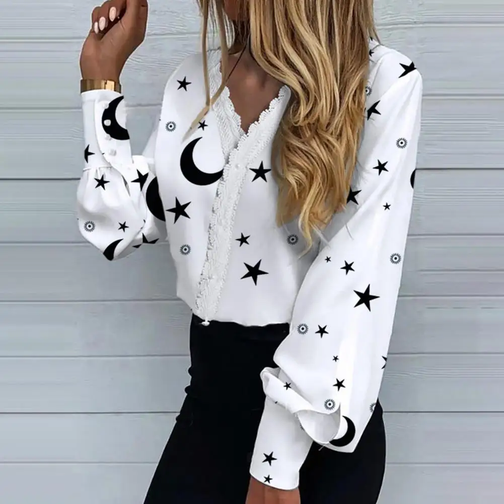 

V Neck Lady Shirt Single-breasted Lantern Long Sleeve Laciness Patchwork Flower Heart Moon Star Print Shirt Blouse Streetwear