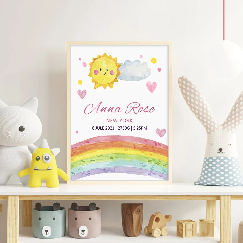 

Custom Baby Name and Date of Birth Weight Rainbow Poster Nursery Canvas Painting Wall Art Print Picture Kids Room Home Decor
