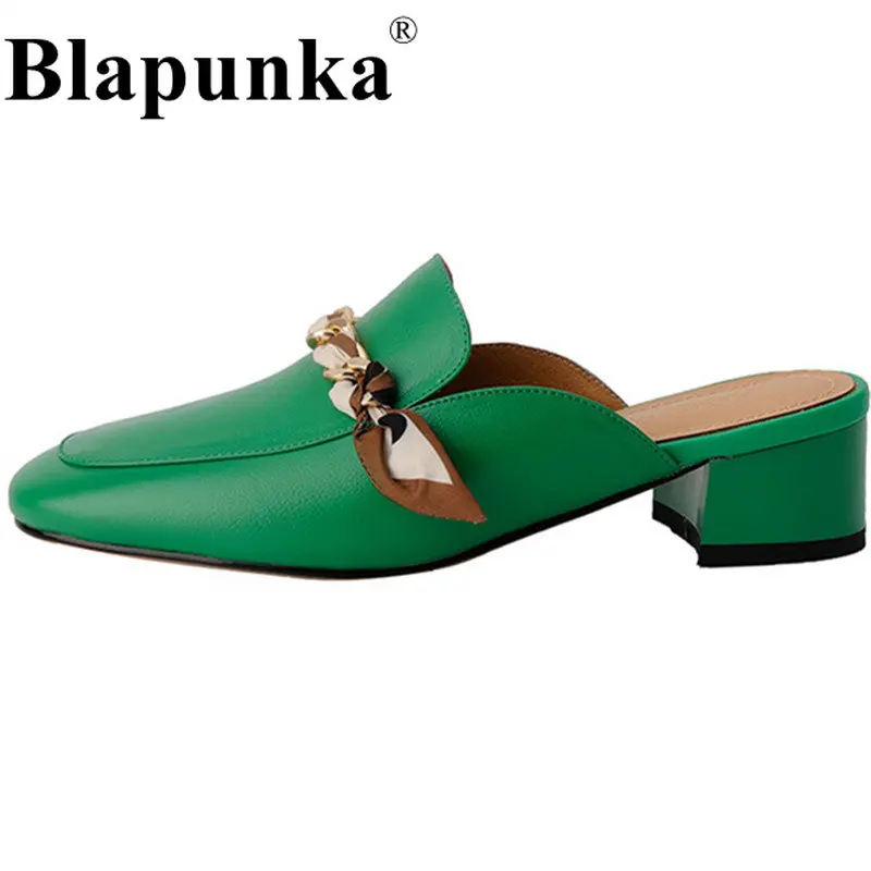 

Blapunka Size 33-43 Women Natural Genuine Leather Mules Slippers Luxury Brand Twilly Scarf Chain Slip-on Close Toe Sandals Slide