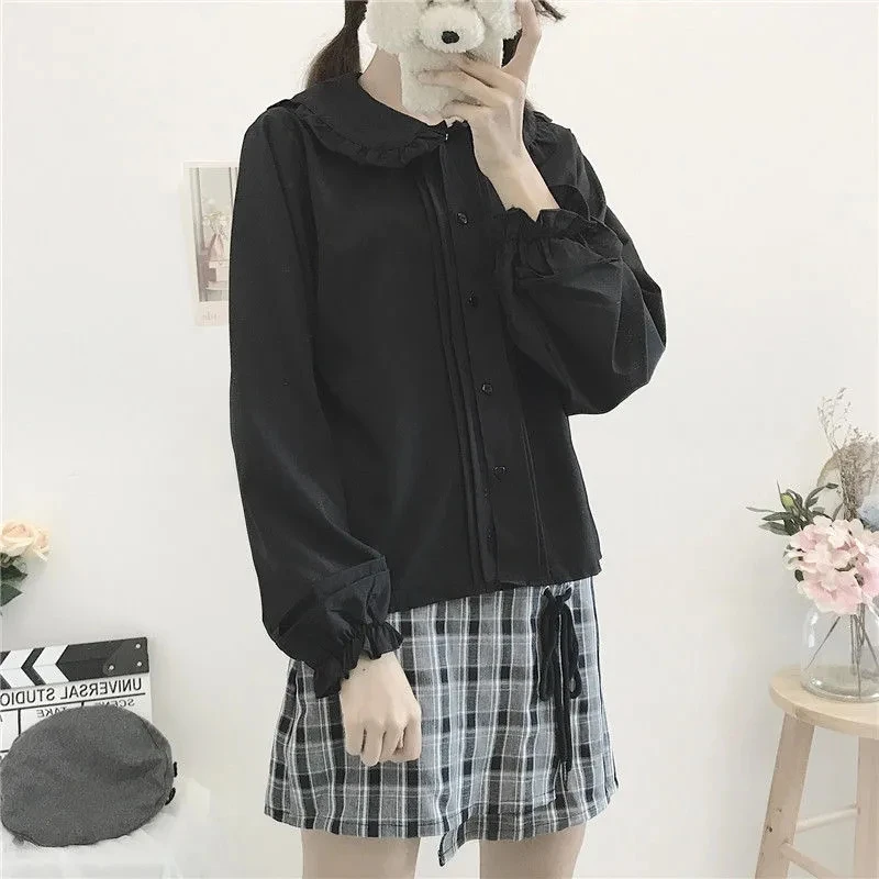 QWEEK Black Shirt Women Kawaii Peter Pan Collar Blouses Button Up Long Sleeve Cute Ruffle Tops Lolita Style Goth Girl Aesthetic