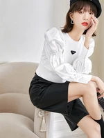 2022 spring new fake two piece puff long sleeved knitted sweater shirt pullover short blouse