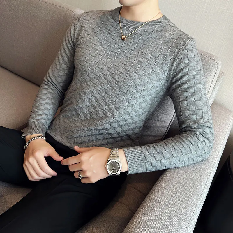 2022 New Winter Mens Casual O-Collar Pullover Men's Long Sleeve Plaid Knitting Sweater Korean Style Fashion Warm Knitted Sweater