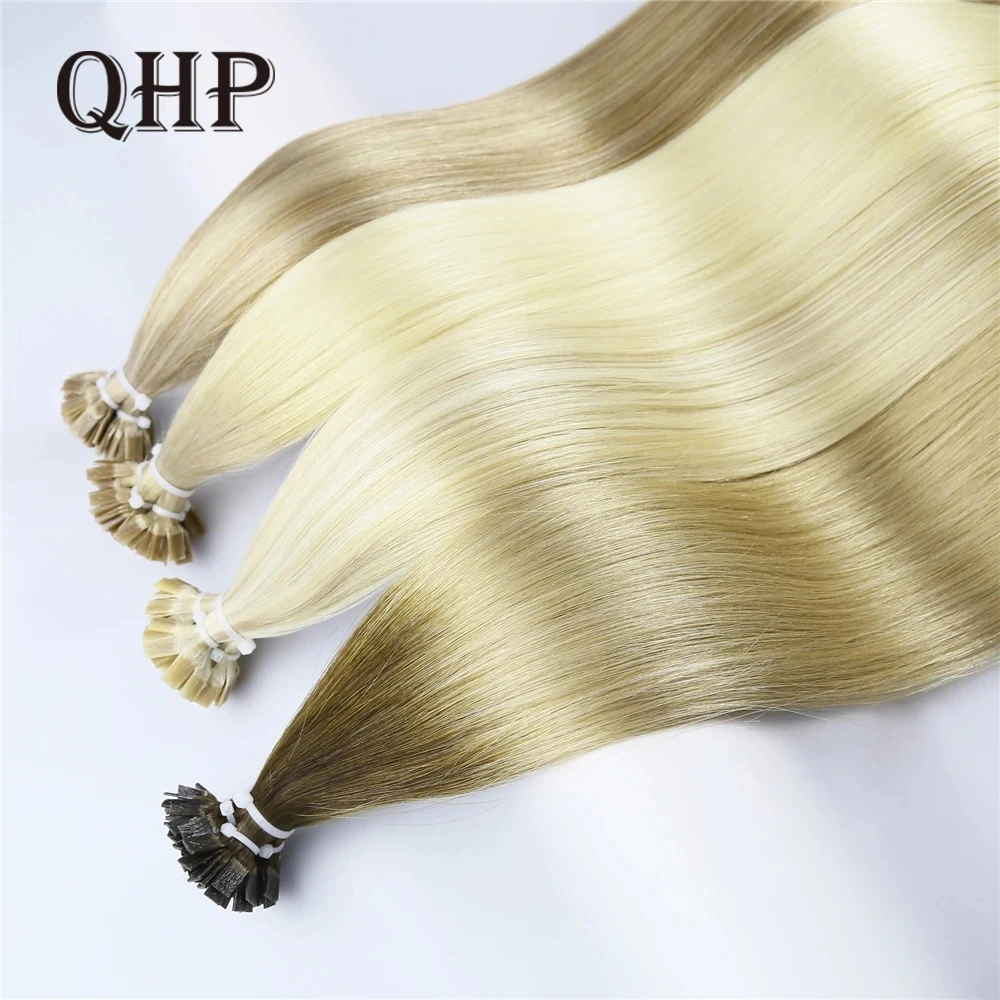 

QHP Straight Flat Tip Hair Extensions Human Hair 50pcs/ Set Natural Hair Extensions Keratin Capsule Brown Blonde Color 12-26inch