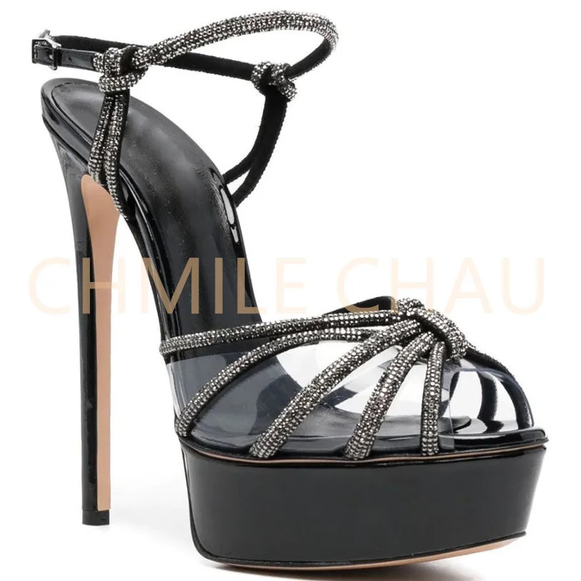 Crystals Rhinestone Luxury Designer Women Elegant Sandal Stiletto High Heels Ankle Strap Platform Plus Size Fetish Shoe 9-CHC-30