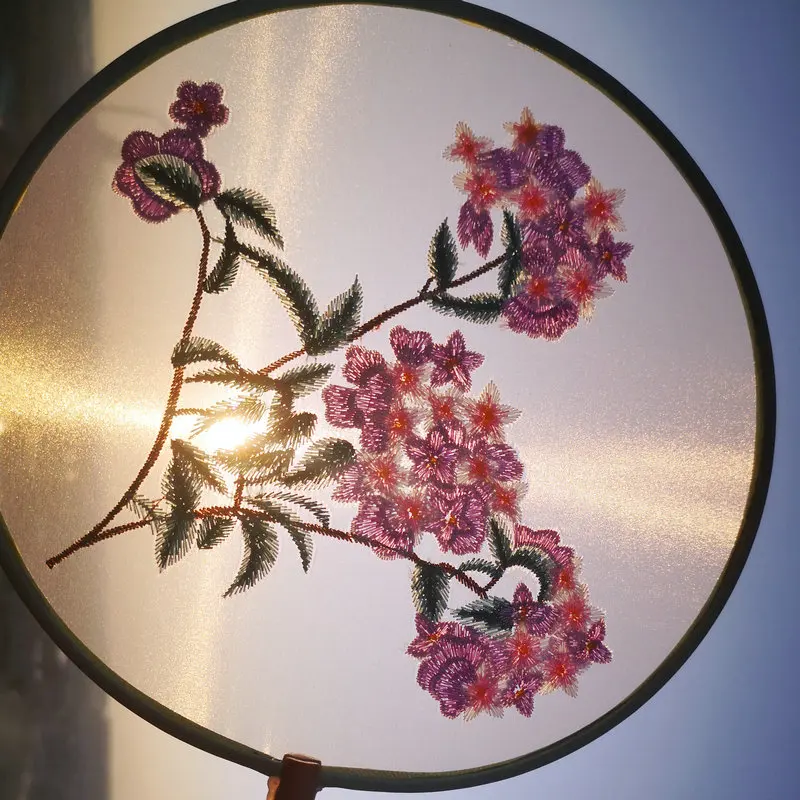 

Oriental Double-Sided Embroidery Round Silk Fan For Dancing With Purple Blooming Flowers Patern And Tassel Design Qipao Fans