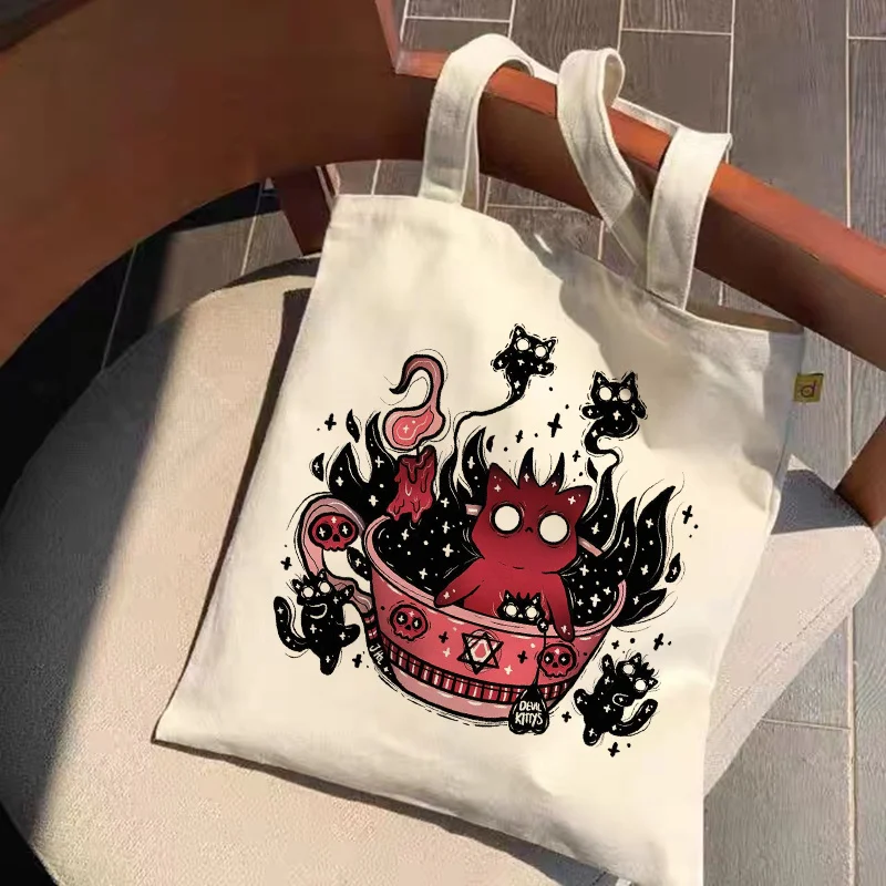 

Reusable Shopping Bag Fashion Women Canvas Tote Bags Satan Cat Demon Printing Bag Cartoon Bolsa De Compras Shopper Shoulder Bags