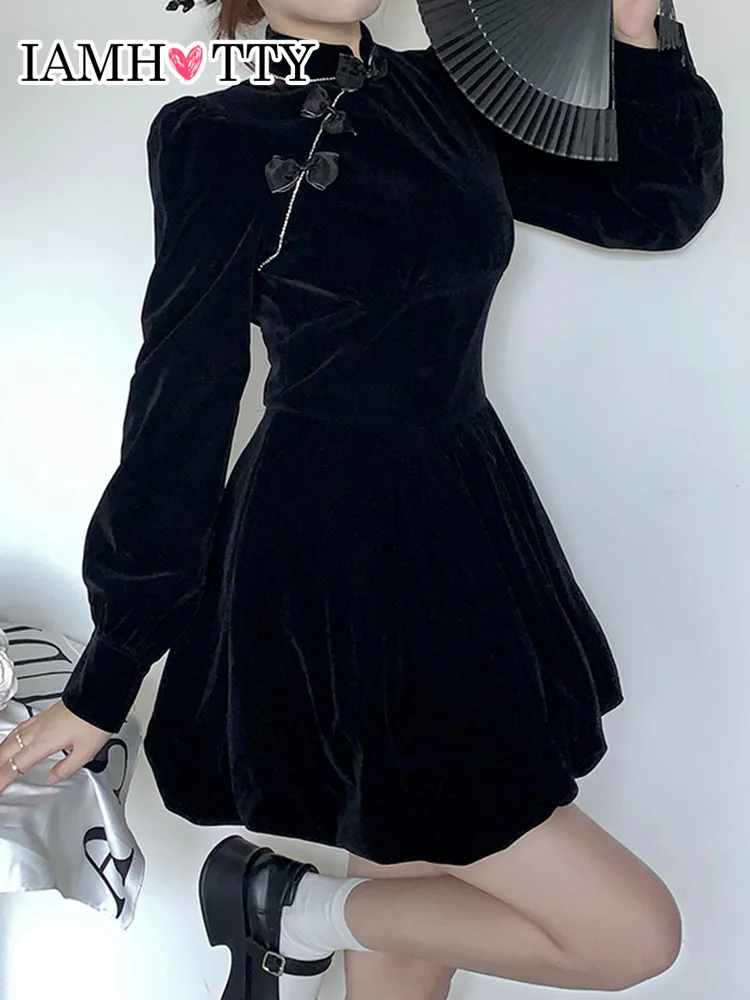 

IAMHOTTY Chinese Style Bow Diamond Chains Velvet Party Dress A-line Elegant Fashion High Quality Mini Dresses Evening Casual New