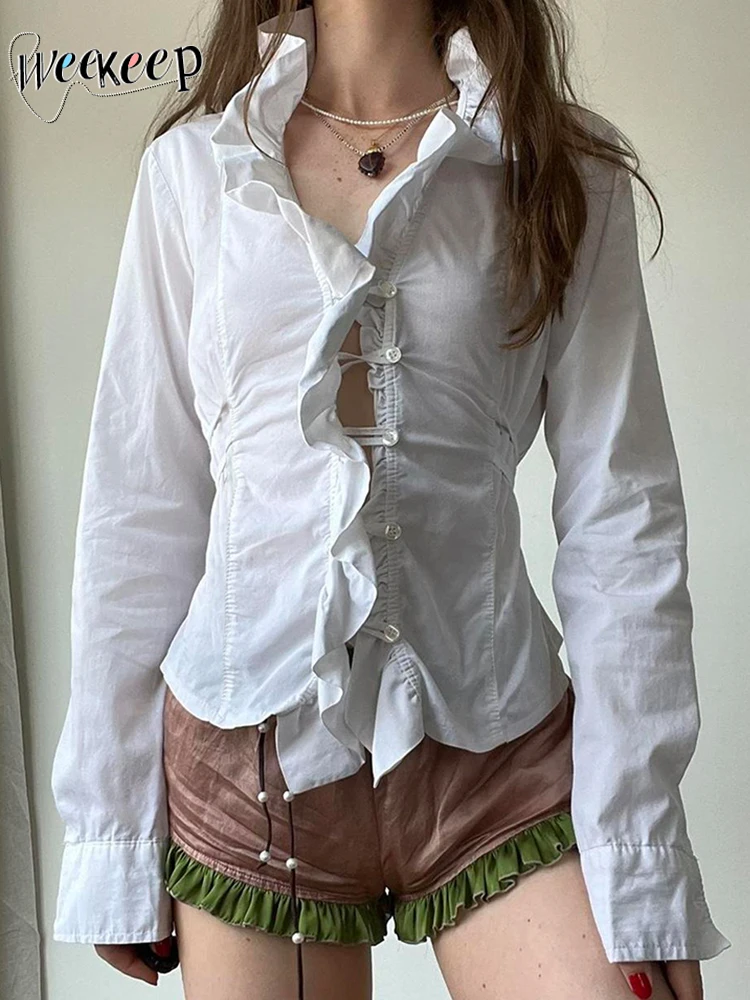 

Weekeep Fairycore Ruffles T-shirt Women Vintage Bandage Button Up Long Sleeve White Crop Top Autumn Fashion Ladies Blouse Casual