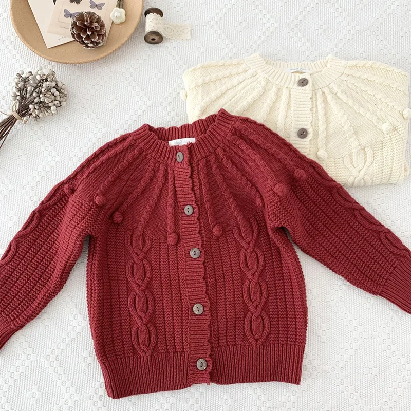 2025 год вязаный кардиган с шариками для маленьких девочек свитера длинными