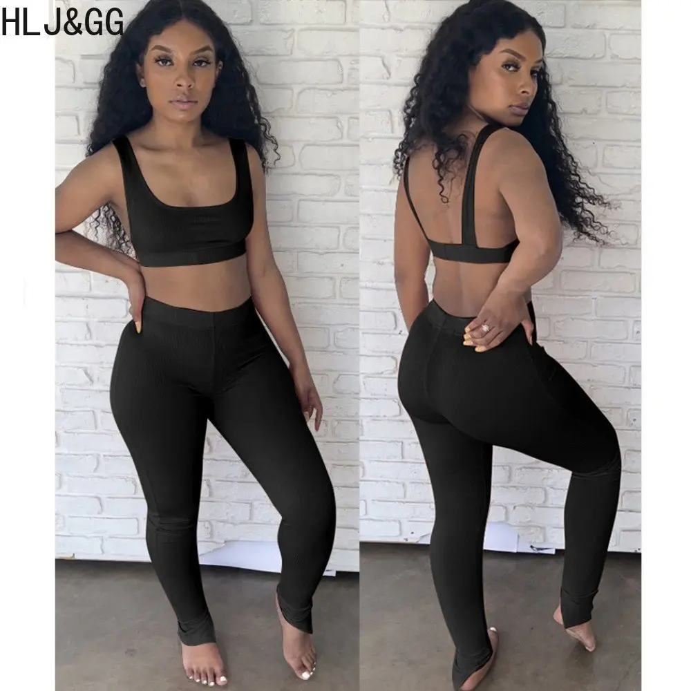 

HLJ&GG Casual Solid Color Legging Pants Two Piece Sets Women Thin Strap Crop Top And Pants Tracksuits Summer Matching Outfits