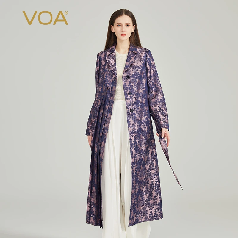 

VOA Pure Silk Yarn-dyed Jacquard Purple Forest Flat Lapel Long-sleeved Three-button Asymmetrical Pleated Silk Trench Coat FE382