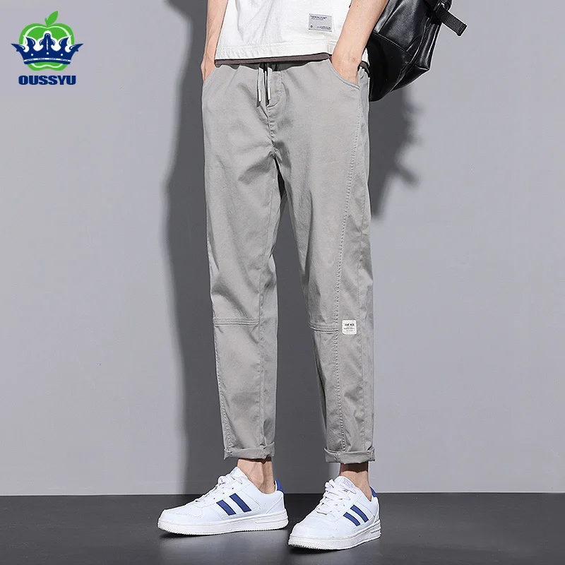 

2023 New Spring Summer 97%Cotton Ankle-Length Pants Men Casual Slim Fit Thin Solid Color Grey Brand Casual Trousers Male 28-38
