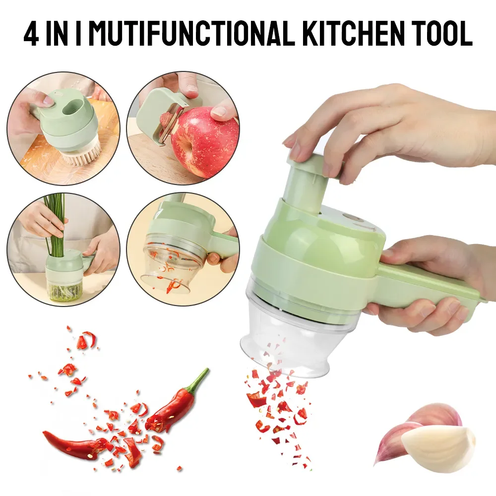 

Powered 4 In 1 Vegetable Cutter Handheld Food Chopper Multifunctional Garlic Mud Masher Charged Fruit Slicer - Easily, Quickly,