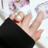 11 12mm natural large pearl fashion sunflower ring zircon luxury womens jewelry stainless steel ladies adjustment ring 2022