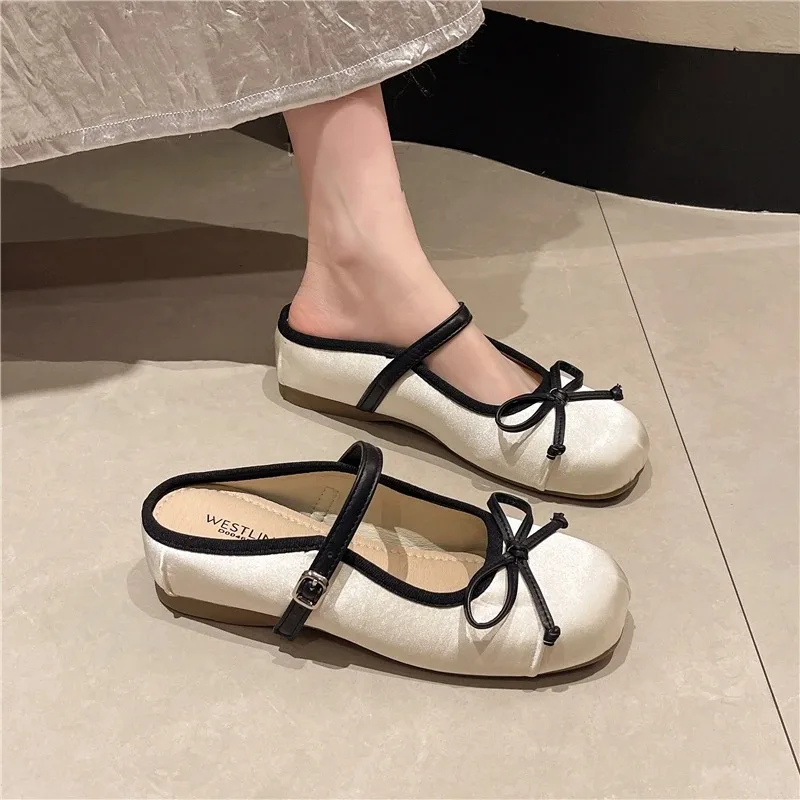 Мюли женские с бантом-бабочкой удобные тапочки на плоской подошве сланцы модные