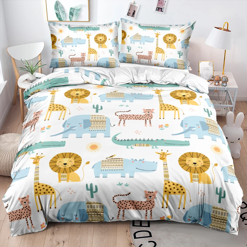 

3D Digital Cartoon Lion Comforter Bedding Sets White Duvet Cover Single Double King Size 140x210cm Family Bed Linen Home Textile