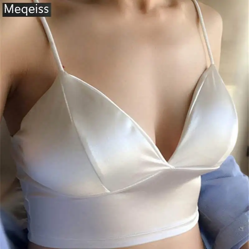 

Sexy Satin Crop Tops Women Wireless Bralette Crochet Top Female Spaghetti Strap T-shirt Cropped With Chest Padded Camisole Camis