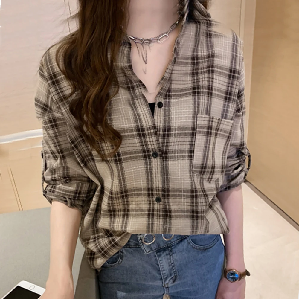 

Women Casual Blouse Spring New Lattice Patchwork Lapel Single-breasted Long Sleeve Loose Fashion Leisure Elegant Top For Ladies