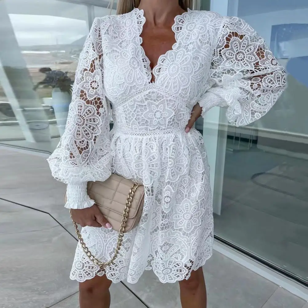 

Women Fall Dress Lace Hollow Out A-line Long Sleeve Dress Double Layers High Waist Elastic Cuff Lady Knee Length Midi Dress