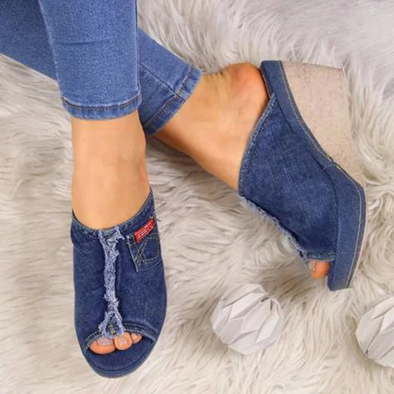 

Slipper Shoes Women Summer High Heels Sandals Peep Toe Denim Wedges Fashion Slipper Shoes Woman Sapato Feminino Zapatos Mujer