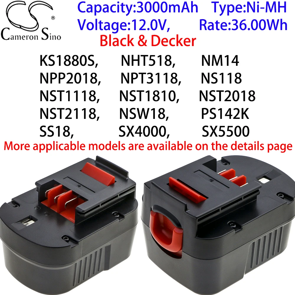 Cameron Sino Ni-MH 3000 мАч 12,0 в для Black & Decker KS1880S,NHT518,NM14,NPP2018,NS118,NST1118,NST1810