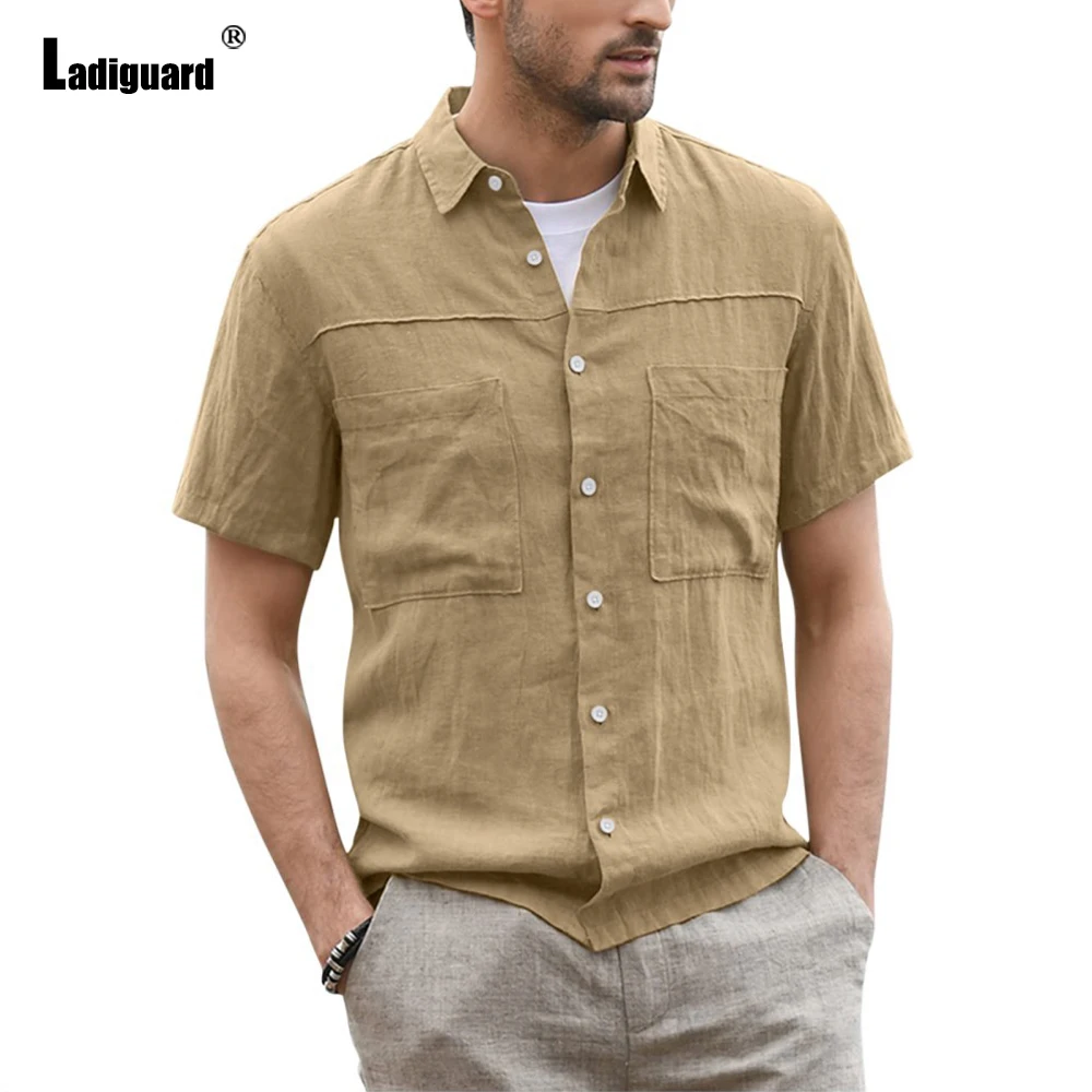 Ladiguard Mens Pocket Design Shirt 2022 Short Sleeve Casual Shirts Khaki Masculina Linen Blouse Homme Ropa Sexy Men Clothing