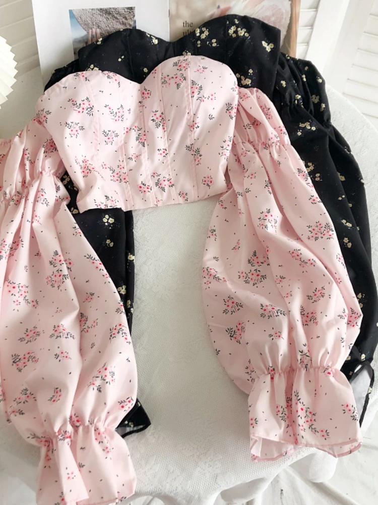 

French Sweet Spice Women Shoulder Strapless Clavicle Short Spring Print Breast Wrapping Sleeve Shirt Long Sleeves Crop Top