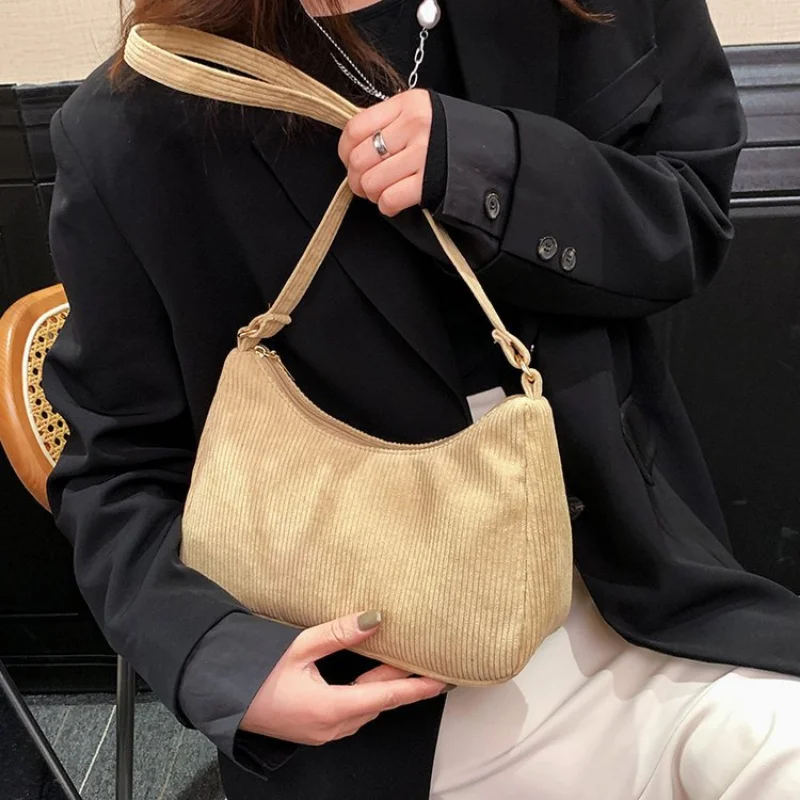 

Nylon Fashion Women Shoulder Bag Designer Solid Color Handbags Corduroy Luxury Women's Underarm Bag Vintage Zipper Lady Wallet