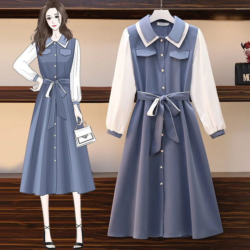 

Women Resses 2022 Vintage Long Sleeve High Elastic Waist Single Breasted Loose Solid A Line Dress Casaul Temperament New