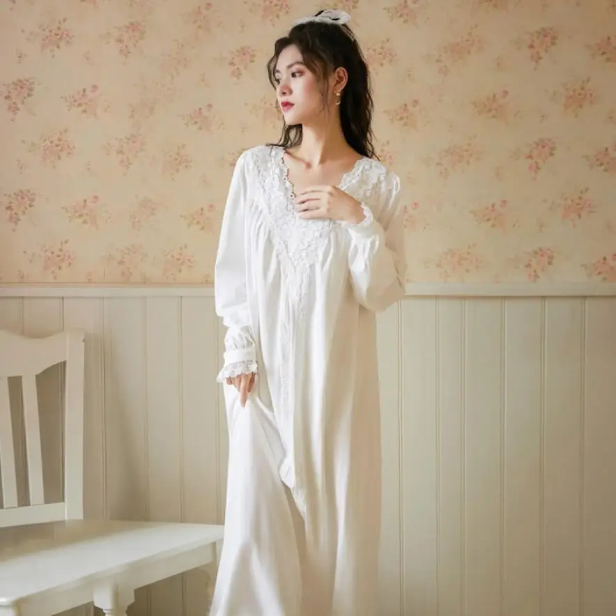 Tulin Fashion Cotton Nightgown Lace White Large Seiz Nightgowns Long Vintage Dress Ladies Night Shirt Long Sleeve New Phoentin