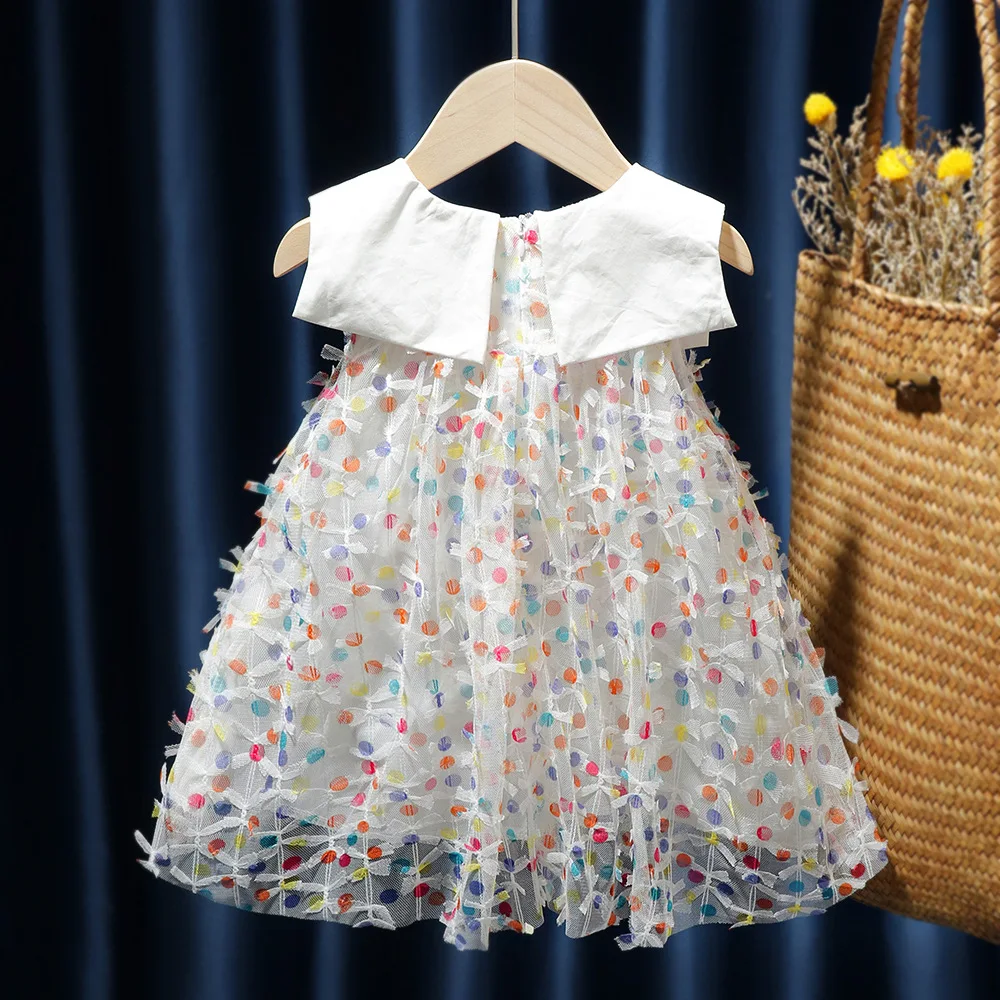 

95% Cotton Summer Button Splicing Net Yarn Pleated Skirt Girls Kids O-Neck Hole Polka Dot Sleeveless Zipper Princess Dresses