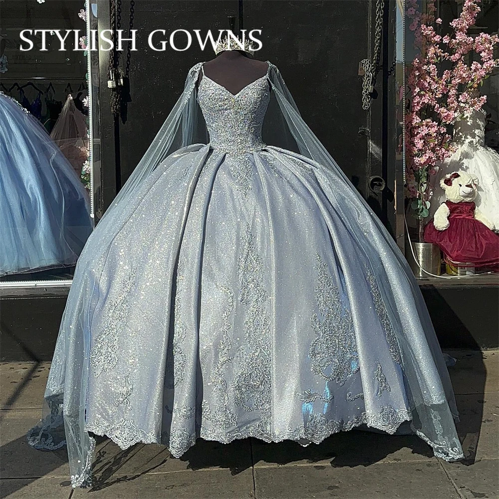 

Бальное платье принцессы с сердечком, платье для Quinceanera, платья для вечеринки на день рождения с аппликацией из бисера, платья для выпускного вечера с накидкой, платье для 15 лет
