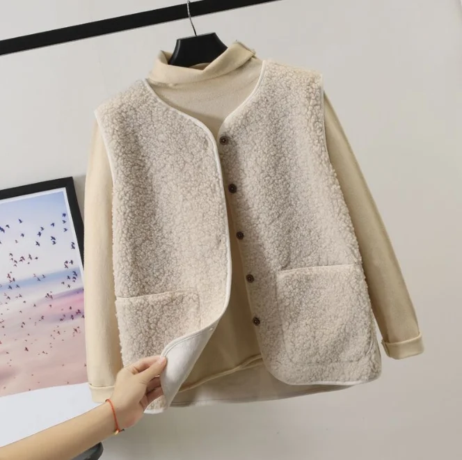 

Beige Lamb Wool Fur Furry Plush Vest Women Sleeveless Down Coat Tops Casual Short Outwear Waistcoat Parkas Jacket Coats Cloth