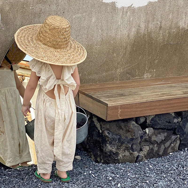 

Летние комбинезоны для девочек, детские цельнокроеные комбинезоны, детская одежда, модная Цветочная вышивка, летающие рукава, задняя часть