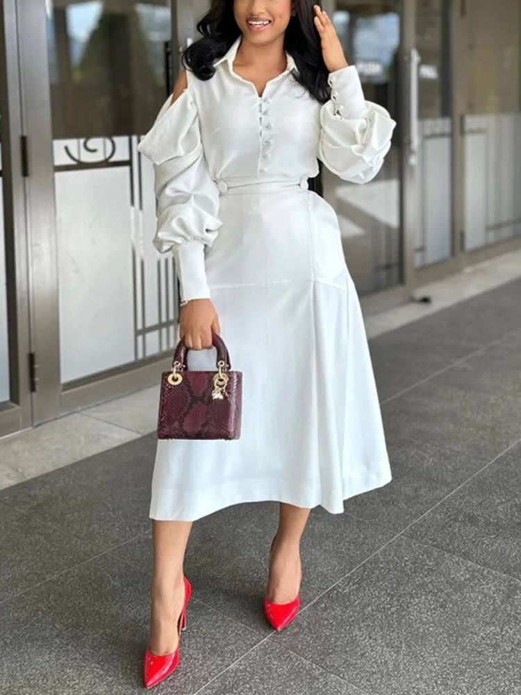 

White Dresses for Women Turn Down Collar Lantern Sleeves Hollow Out A Line Autumn Elegant Slim Holiday Fashion Sweet Vestidos