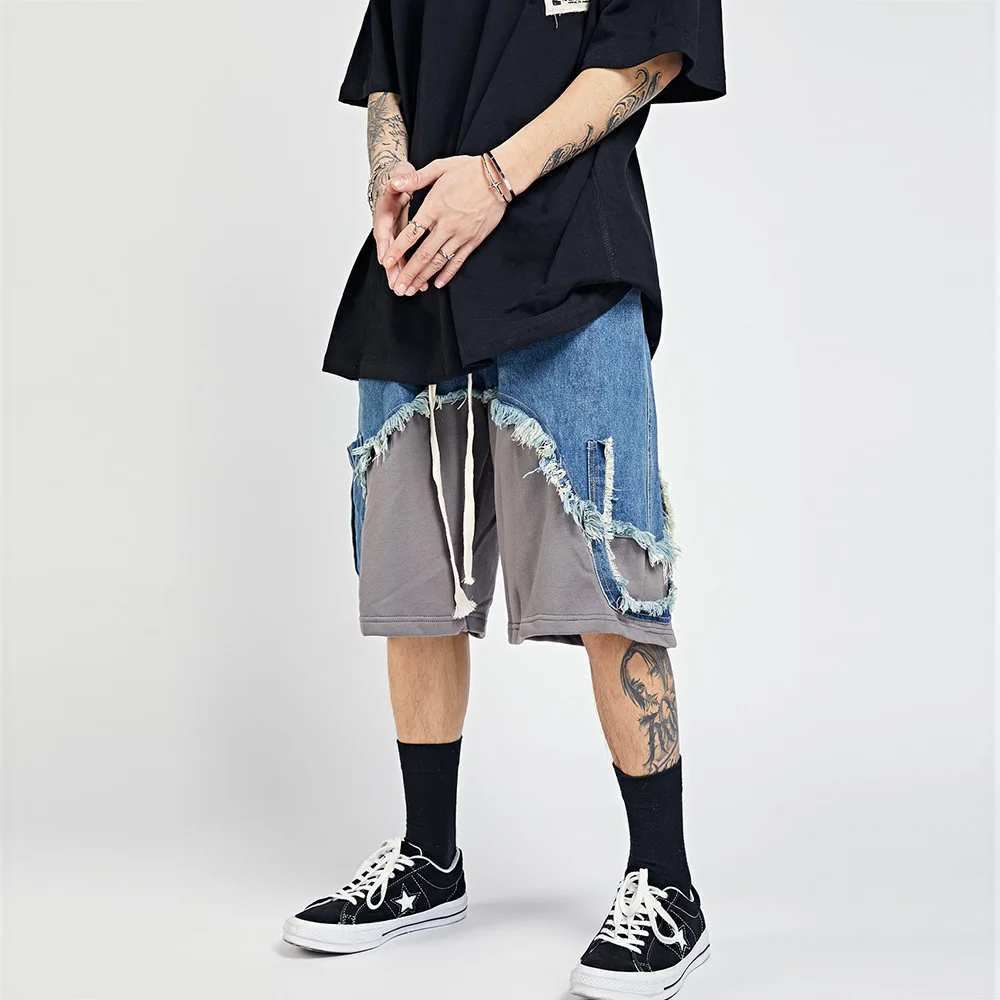 

Vintage Patchwork Raw Edge Jean Streetwear Men's Beggar Style Loose Casual Straight Five-point Pants Summer Shorts Male
