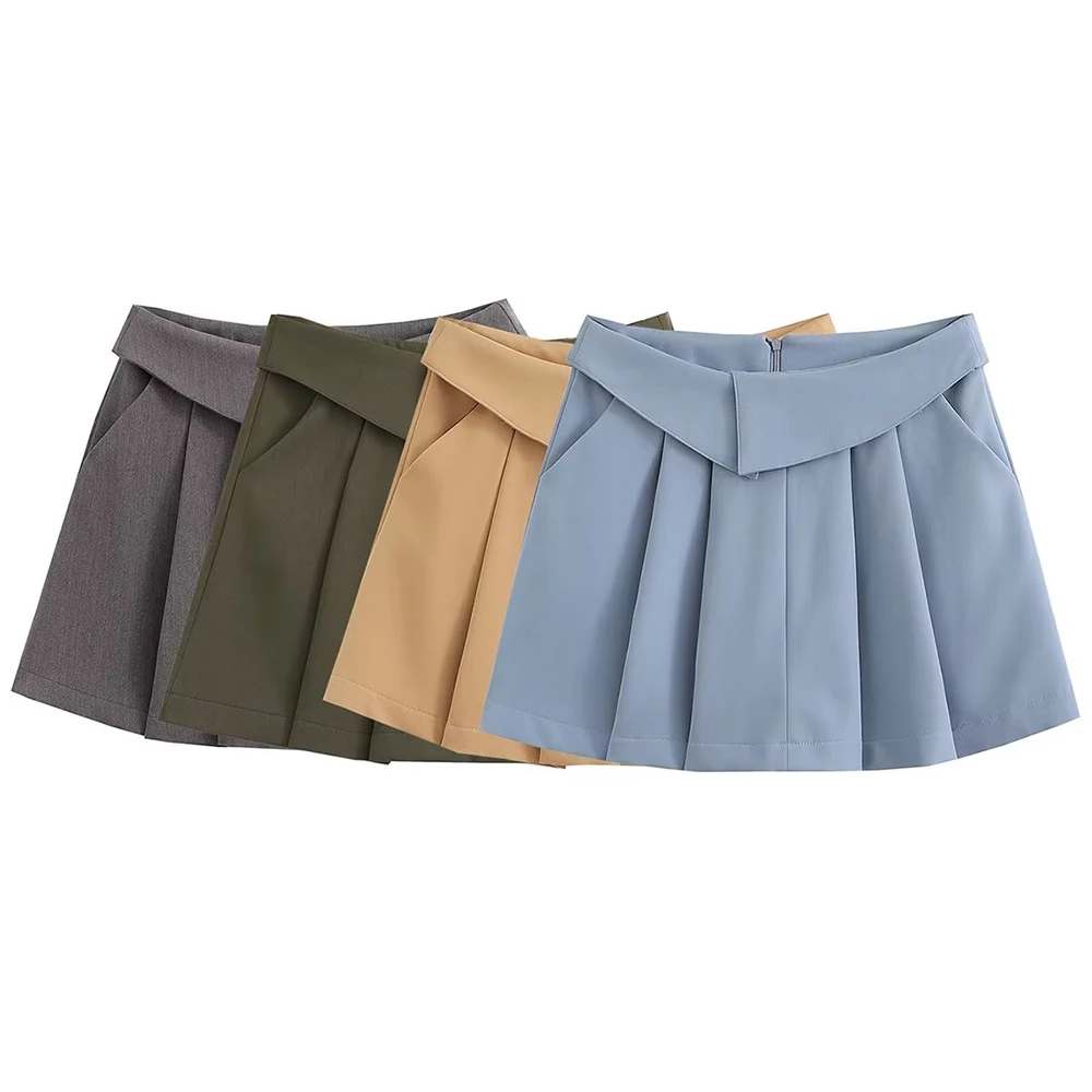 

PB&ZA Women 2022 New Fashion Solid Pleated Skirt Streetwear Vintage High Waist Female Mini Skirts Cute A-line Mujer Clothes