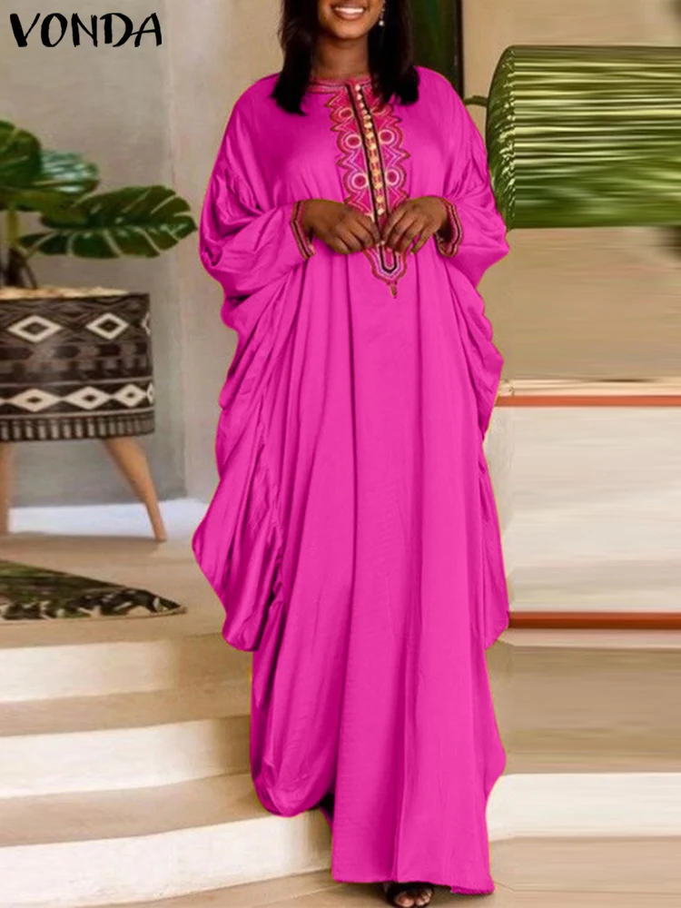 

Женское элегантное платье VONDA 2023, модное богемное Макси-платье с длинным рукавом и принтом, повседневное свободное атласное шелковое Плиссированное вечернее платье