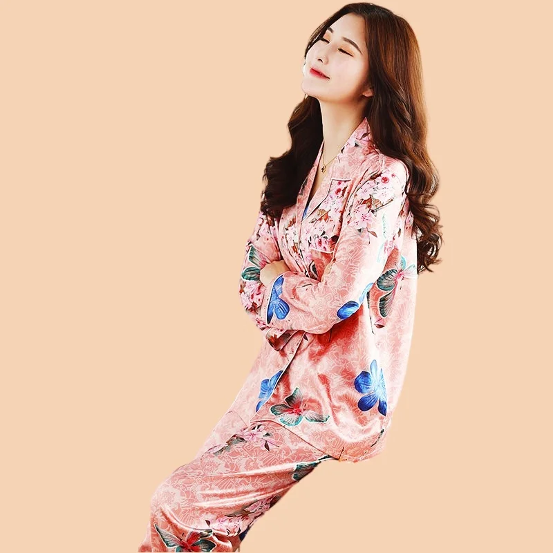 Vintage Women's Pajamas Set Artificial Silk Homewear Flower Print Pajamas Women Sweet Full-Sleeve Fashion Cozy Pyjamas Big Size