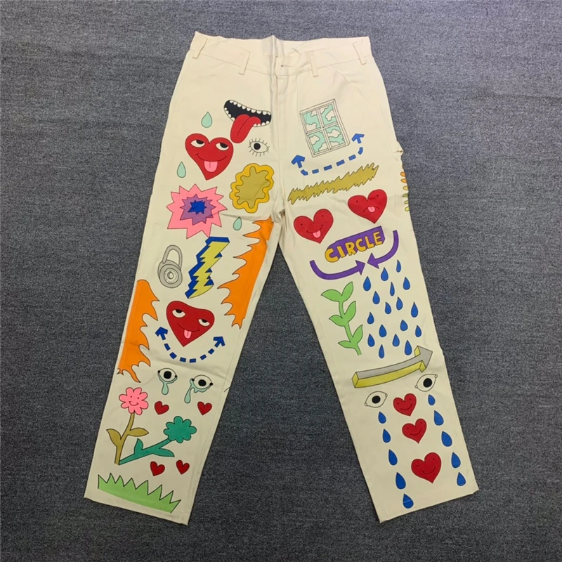 

22FW Top Version High Street Apricot Vintage Hand Drawn Cartoon pattern Cargo Pants Trousers