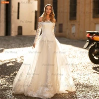glamorous off shoulder wedding dress vestidos de novia 2022 spring lace appliques bride gowns long sleeves buttons robe mariage