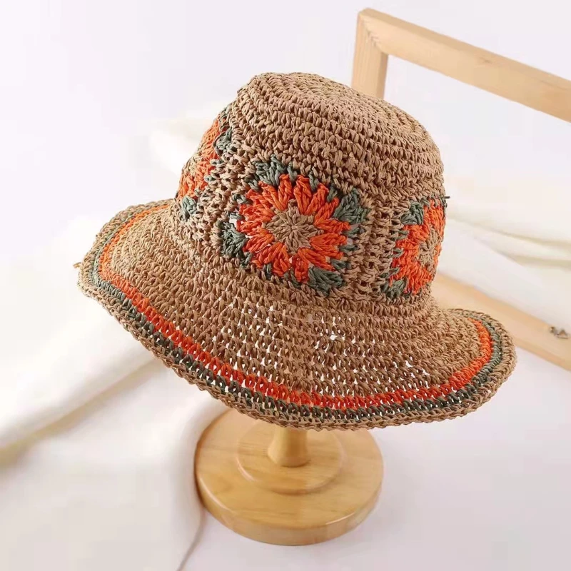 

Women Summer Floral Straw Crochet Bucket Hat Handmade Weave Sunflower Boho Style Beach Hat Ladies Seaside Vacation Sun Hat