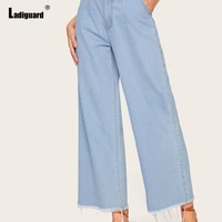 women high cut denim pants harajuku 2022 new autumn straight leg jeans casual pocket design trouser fashion ripped demin pants
