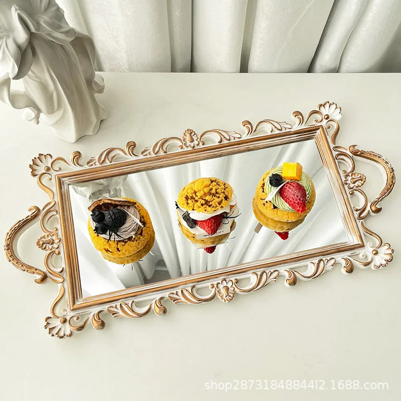 Nordic luxury retro gold storage tray square cake tray glass mirror tray photo props plate