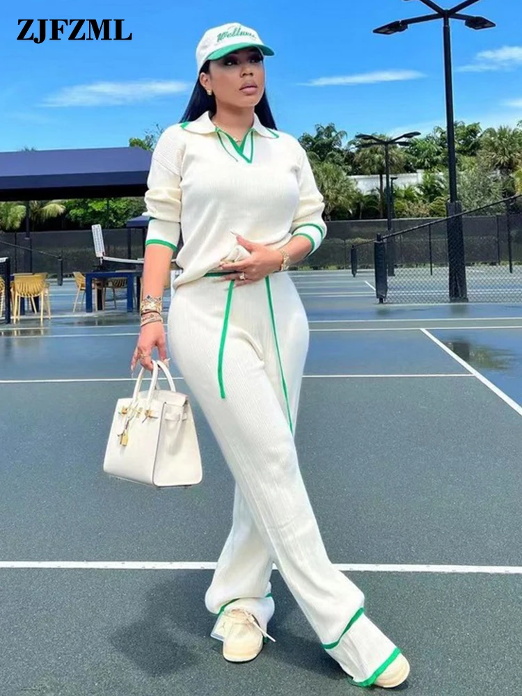 

Женские вязаные костюмы из 2 предметов, спортивные костюмы для отдыха, повседневный пуловер с воротником поло и длинными рукавами + уютные свободные брюки с эластичным поясом