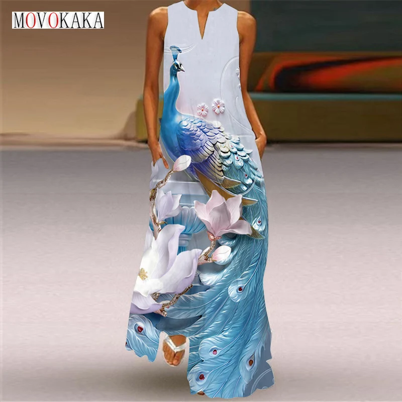 

MOVOKAKA Ladies Spring Summer Long Dress Sleeveless V-neck Peacock Printed Elegant Maxi Dresses Party Casual Beach Women's Dress