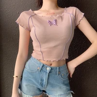 sweet butterfly appliques ruffles hems crop tops 2021 new y2k style o neck short sleeve pink t shirts fashion summer tees ladies