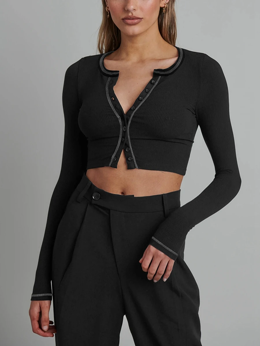 

Women Ribbed Basic Crop Tops Reverse Stitch Buttons Long Sleeve T-Shirts Spring Fall Casual Slim Fit Tees Shirts Streetwear